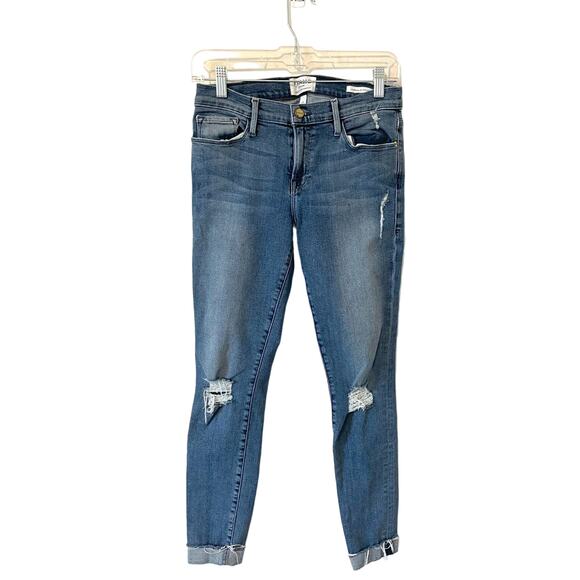 Frame Le Skinny de Jeanne Low Rise Skinny Distressed Denim Jeans Blue Size 28 - Picture 1 of 8
